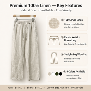 <span class=keywords><strong>Pantaloni</strong></span> da <span class=keywords><strong>Uomo</strong></span> in <span class=keywords><strong>Lino</strong></span> 100% Design Europeo Vestibilità Ampia Vita Elastica Peso Medio Fronte Piatto Eco-Friendly Stile Urbano Servizio OEM - Product Image 2