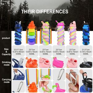 Botella de agua plegable de silicona con diseño de arcoíris, tapa rosa con mosquetón, reutilizable para viajes al aire libre, senderismo, unisex - Product Image 5