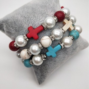 Pearl And Turquoise Beaded <b>Bracelet</b> Cross Design Imitation Pearl Unisex Gift Jewelry - Product Image 1