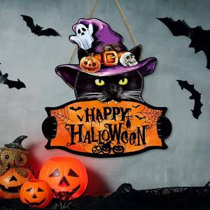Hot New Halloween Decoraciones Puerta de madera Letrero Gatito Bruja Fantasma Colgando Decoraciones de pared Fiesta en casa Suministros de vacaciones Props - Product Image 1