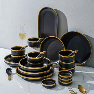 Service de table en céramique de luxe de 32 pièces, <span class=keywords><strong>vert</strong></span> clair et bord doré, assiettes et bols, ensembles de vaisselle en porcelaine - Product Image 4