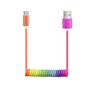 Kabel pengisi daya tanggal usb fleksibel dapat ditarik pelangi musim semi warna-warni untuk ponsel