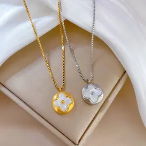 Women Pendant Necklace 18K Gold Filled Stainless Steel Jewelry Box Chain Shell Four Leaf Lucky Clover Necklace