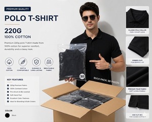 Polo de Piqué para Hombre, 100% Algodón, 220G, Manga Corta, Negro, Transpirable, Color Sólido, Estilo Casual Elegante, Tejido de Punto - Product Image 3