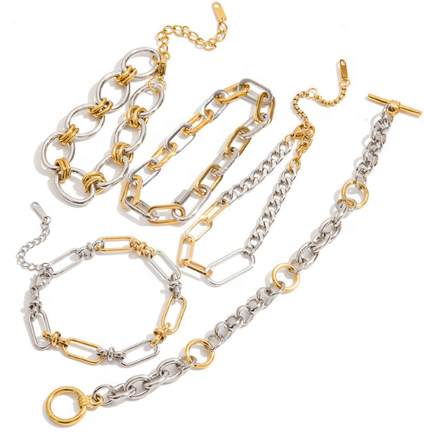 Popular European and American Handmade Stainless Steel PVD 18K Gold Plated Chain Mixed Color Fashion Simple Bracelet
