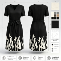 Robe tendance pour femme à col en V imprimée, taille nouée, longueur genou, motif botanique moderne pour le quotidien et les soirées ODMOEM