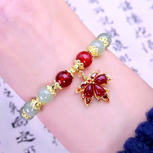 <b>Red</b> Agate Maple Leaf <b>Bracelet</b> For Women Jade Beaded Jewelry Gift With Claw Setting Zinc Alloy SL 059 - Product Image 2