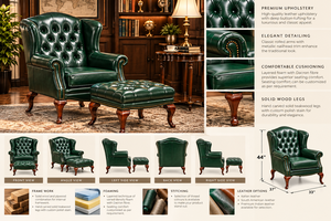 Fauteuil Chesterfield vert élégant avec repose-pieds ottoman assorti, rembourrage profond boutonné et accoudoirs classiques roulés pour cadre dirigeant - Product Image 5