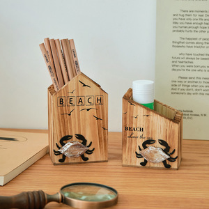 Wooden Crab Pen Holder Square Shape Uv Printing Beach Theme Office <b>Desk</b> Decor Gift - Product Image 2