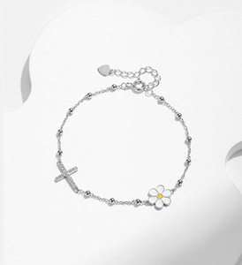 S925 Silver Chain <b>Bracelet</b> With Cross And Daisy Flower Rhodium Plated Women's Everyday Wear <b>Cute</b> Style Jewelry - Product Image 5