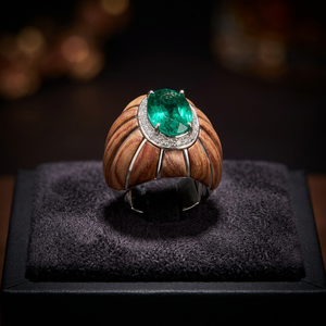 Luxury Cocktail <b>Ring</b> With Oval <b>Emerald</b> Stone And Diamond Halo In 925 <b>Silver</b> Wood Design Unisex Everyday Wear - Product Image 3