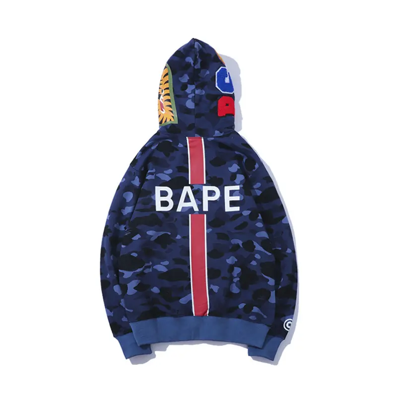 High Quality Japanese Fashion Brand BAPE Men and Women's Camo Blue Hoodie Cardigan Zipper Shark Hoodie Fleece