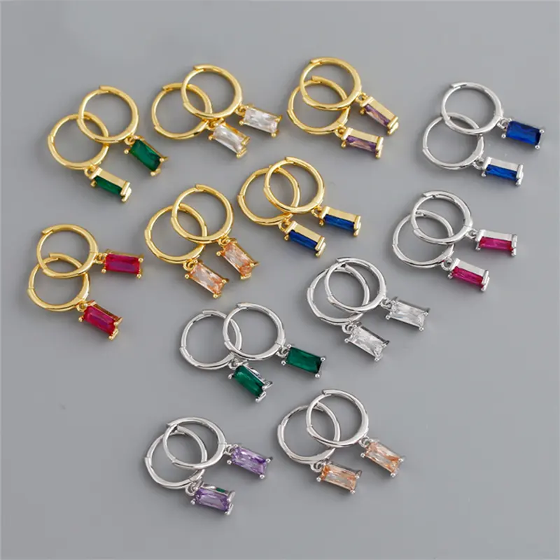 Chính Hãng 925 Sterling Silver Geometric Cubic Zircon Earrings 18K Vàng Vuông Cầu Vồng CZ Drop Earrings Đối Với Phụ Nữ