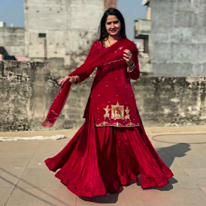 <b>Red</b> Traditional Silk Embroidered <b>Lehenga</b> Choli Salwar Kameez Set with Net Dupatta for Wedding Graduation Diwali Women - Product Image 1