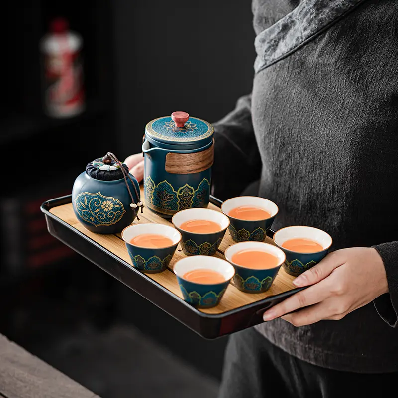 Draagbaar Alles In Één Cadeauzakje Buiten Chinese Theepot Cup Set Met Dienblad-Reis Keramische Theeset Porseleinen Theepot