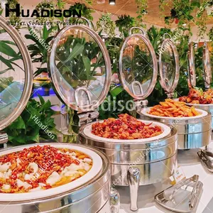 Huadison Catering Banquet Silver Stainless Steel Buffet Food Warmer Round Chafing Dish Buffet Set With Glass Lid