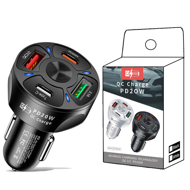 CE Rohs Certified GAN Fast Car Charger 2 USB+2 Type C Ports 20W PD 3.1A Mobile QC OTP for iPhone 16 15 Travel Charger Package