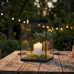Lanterne en métal en laiton AK avec poignée et verre en pot de bougie personnalisé fini enduit de poudre noire pour la décoration intérieure de restaurant - Product Image 1
