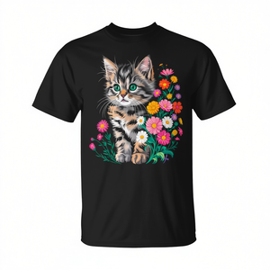 Camiseta con diseño de gato y flor, color negro, unisex, talla para adultos - Product Image 2