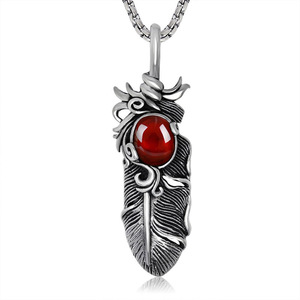 European American Style Feather Pendant <b>Necklace</b> With <b>Ruby</b> Inlay Bezel Setting Fashion Sweater Chain Charm SP435 - Product Image 5