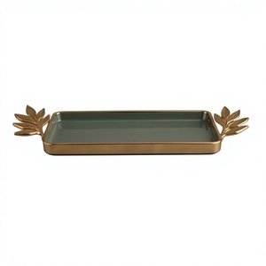 Premium Enamel Makeup <b>Vanity</b> <b>Tray</b> Decorative Perfume Organizer Gold Leaf Handle Rectangular Serving <b>Tray</b> For Home Kitchen Decor - Product Image 1