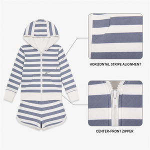<b>Women's</b> Striped Zip Up Hoodie Set <b>White</b> Lined Knitted Sweatshirt and <b>Shorts</b> Two Piece Outfit - Product Image 4