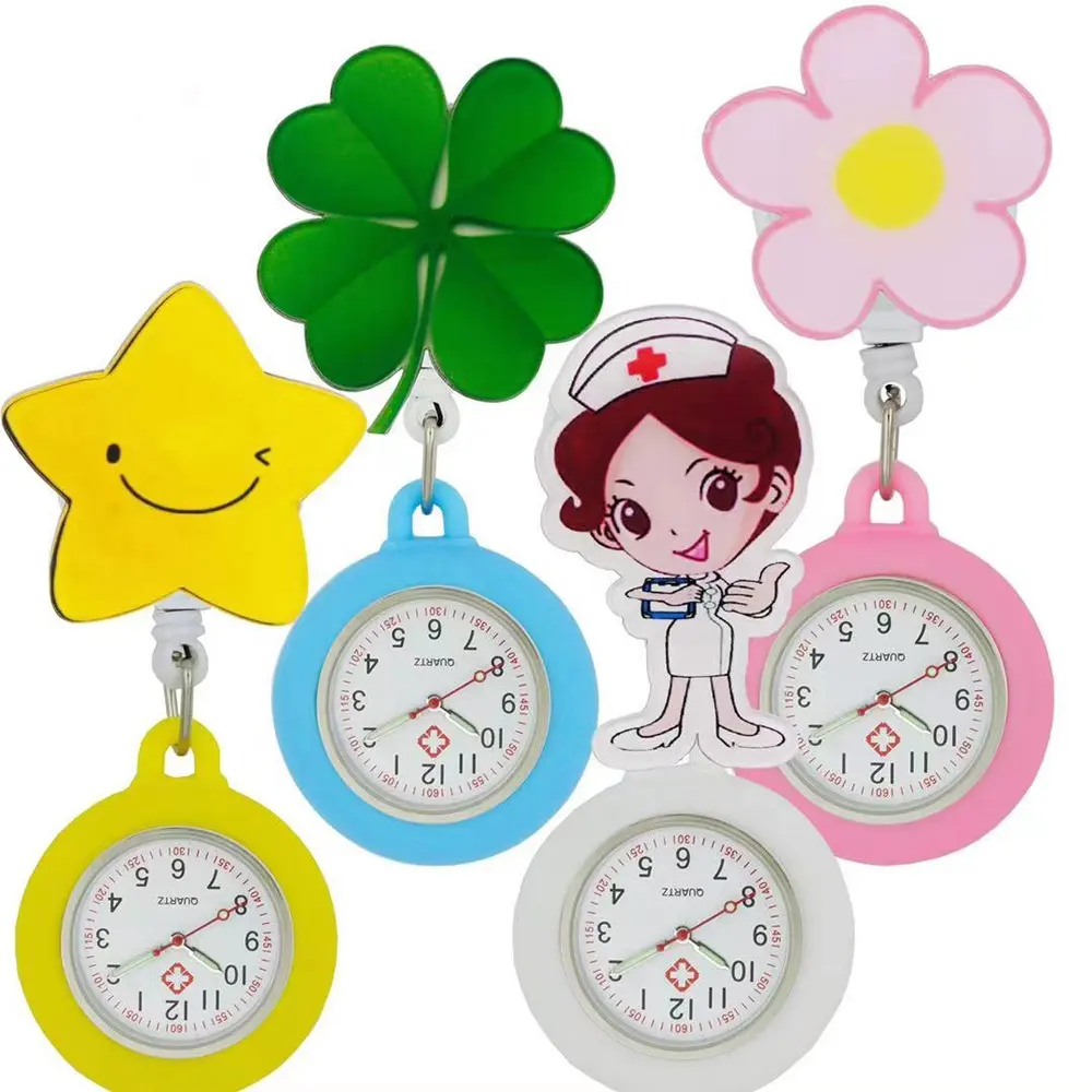 Factory wholesale cute cartoon design stretchable luminous pointer quartz silicone nurse watch with clip