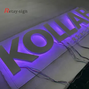 Logo toko lampu latar Led bulat akrilik & logam kustom tanda huruf elektronik besi tahan karat 3d