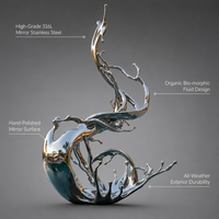 Sculpture moderne d'extérieur en acier inoxydable poli effet miroir, motif abstrait éclaboussures d'eau, tailles et couleurs personnalisables pour aménagement paysager de jardin