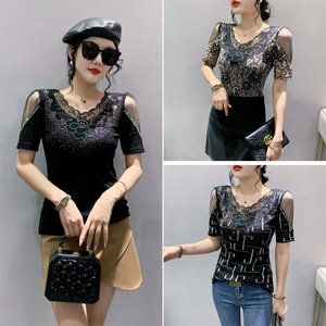 Nuova Maglietta da <span class=keywords><strong>Donna</strong></span> con Design Floreale, Strass e Paillettes Lucide, Top Aderente in <span class=keywords><strong>Maglia</strong></span> a Maniche Corte per Feste e Discoteca - Product Image 5