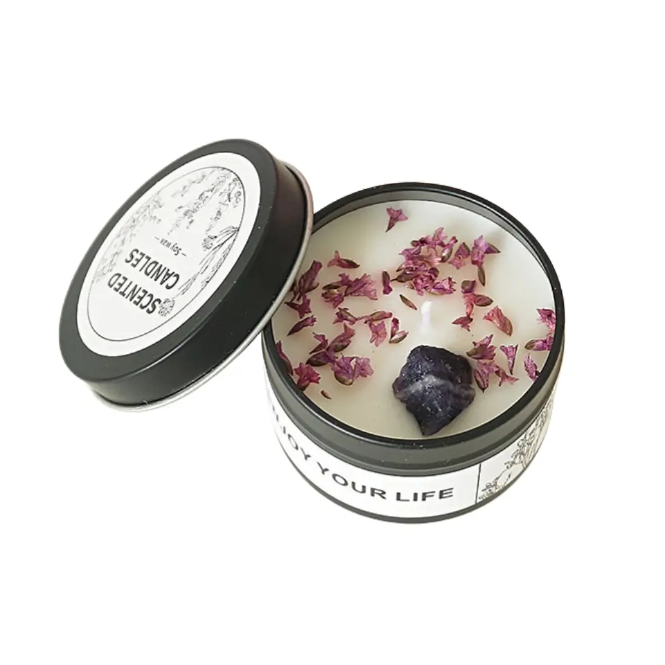 Luxury Colored Crystal Stone Dried Flower Mini Fragrance Scented Candles with Black Silver Gold Metal Tin Jar