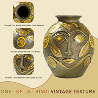 Vase en résine fait main à motif facial, vert et or, sculpture artistique en relief pour herbes séchées, décoration créative pour table, maison et salon