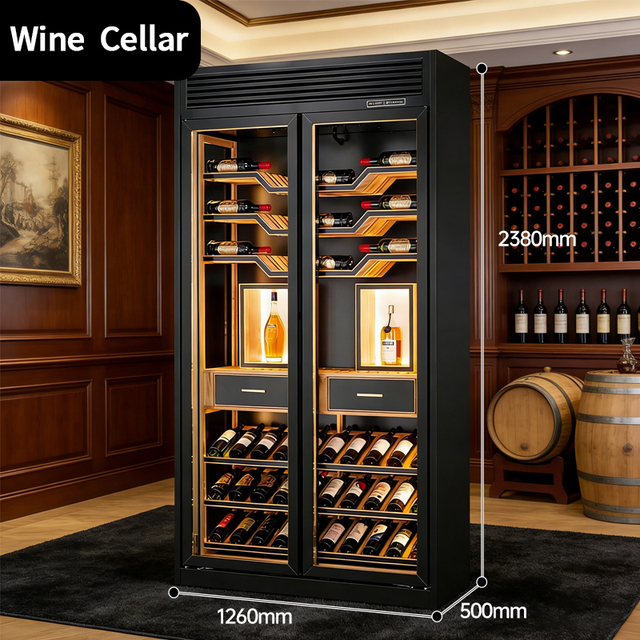 Luxury Double-Temperature Wine Cellar Cooler with Air Cooling Built-In Gold Finish for Commercial Hotel Use