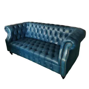 Otel mobilya lüks kulübü kanepe 2 koltuk vintage mavi deri chesterfield kanepe amerikan tarzı hakiki deri chesterfield-kanepe