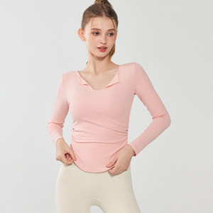 Aoyema Hauts <span class=keywords><strong>de</strong></span> yoga d'automne pour femmes Séchage rapide à manches longues Coupe ample <span class=keywords><strong>T</strong></span>-<span class=keywords><strong>shirt</strong></span> à col en V <span class=keywords><strong>T</strong></span>-shirts <span class=keywords><strong>de</strong></span> <span class=keywords><strong>sport</strong></span> respirants Vente en gros - Product Image 2
