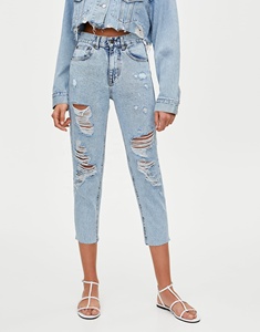 Ripped mom jeans vintage distressed bleach wash women denim capris jeans - Product Image 5