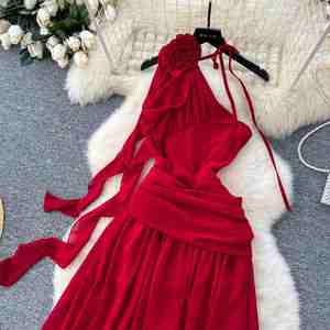 Vestido Midi Casual Elegante 2024 para Mujer, Sin Mangas, Estilo Imperio, con Encaje 3D, Color Rojo - Product Image 3