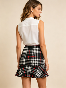 Mini-jupe plissée à carreaux pour femme, taille haute, ceinture élastique, imprimé pied-de-poule, ourlet évasé - Product Image 3
