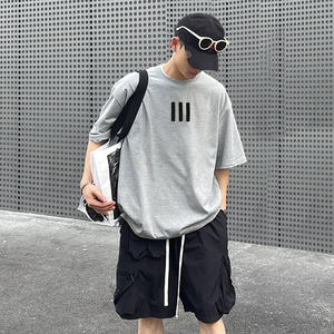 Summer New Trendy Three Bars T-<b>Shirt</b> <b>Men</b> Neck Short Sleeved Oversized Heavyweight High Quality <b>Silk</b> Puff Streetwear Screen - Product Image 4