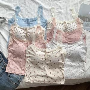 Nouveaux débardeurs d'été en coton pour femmes, avec dentelle florale et boutons, haut fin à bretelles en dentelle florale pour femmes - Product Image 1