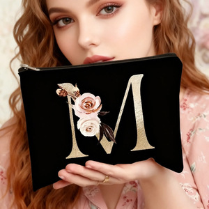 Toiletry Bag Letter M Cosmetic Organizer Portable Travel <b>Makeup</b> <b>Case</b> Rectangle Shape Black Gold Floral Design - Product Image 1