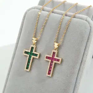 Modeschmuck 18 Karat echt vergoldet Diamant Moissan ite Jesus Kreuz Anhänger Halskette Bunte Zirkonia Kreuz Halskette