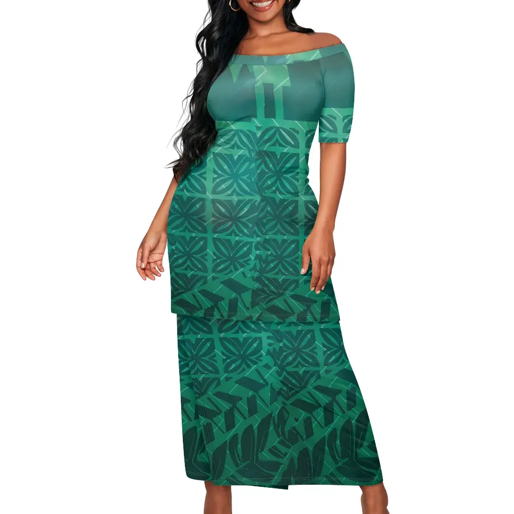 1moq thả vận chuyển Polynesian elei bộ lạc thiết kế tùy chỉnh bãi biển sexy của phụ nữ phù hợp với Ngắn Tay Áo Top bọc hip váy của phụ nữ Ăn mặc