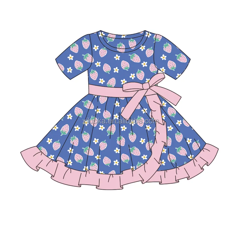 Vestido infantil plissado, manga curta estampa de morango roupas para meninas