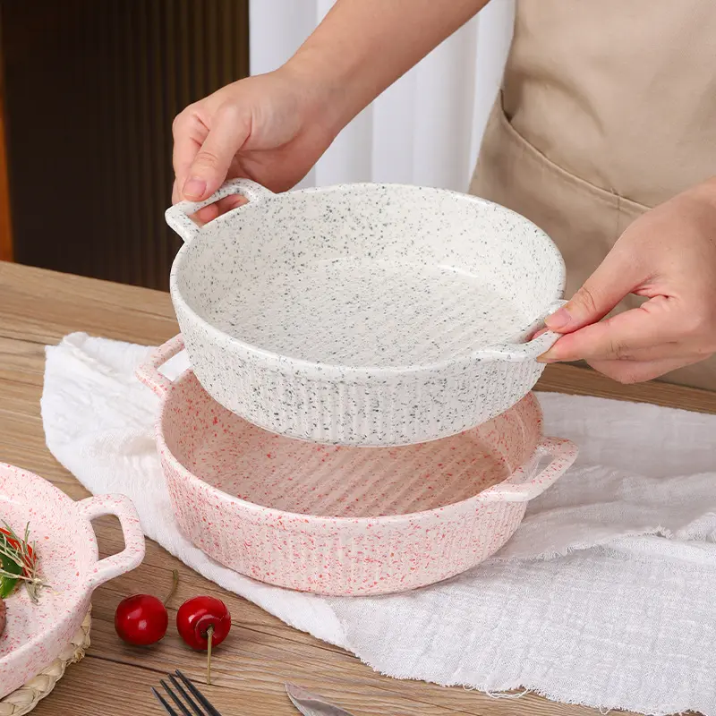 जापानी रचनात्मक दो-aural सिरेमिक बेकिंग ट्रे plash स्याही दौर पनीर पके हुए चावल प्लेट
