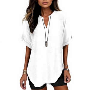 Blusas Femininas de Algodão e Linho Sólido, Casuais, com Manga Curta, Decote em V, Camisa Solta e Respirável para o Verão - Product Image 1