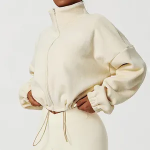 2024 yeni varış kalın terry kabartmalı kırpma üst hoodie kadınlar özel polar polar tam zip up kabartmalı kazak