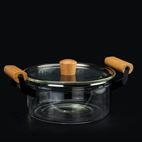 Pots en verre transparent à double anse, résistants à la chaleur, en borosilicate de haute qualité, pour la cuisine, avec poignée en bois