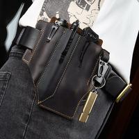 Sac banane tactique EDC en cuir véritable durable avec rangement pour lampe de poche, stylo et étui à couteau, fermeture à cordon pour sports de plein air masculins