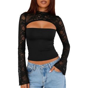 Top Corto de Encaje de Manga Larga para Mujer, Cuello Alto, Corte Ajustado, Negro, para Fiesta Nocturna - Product Image 1